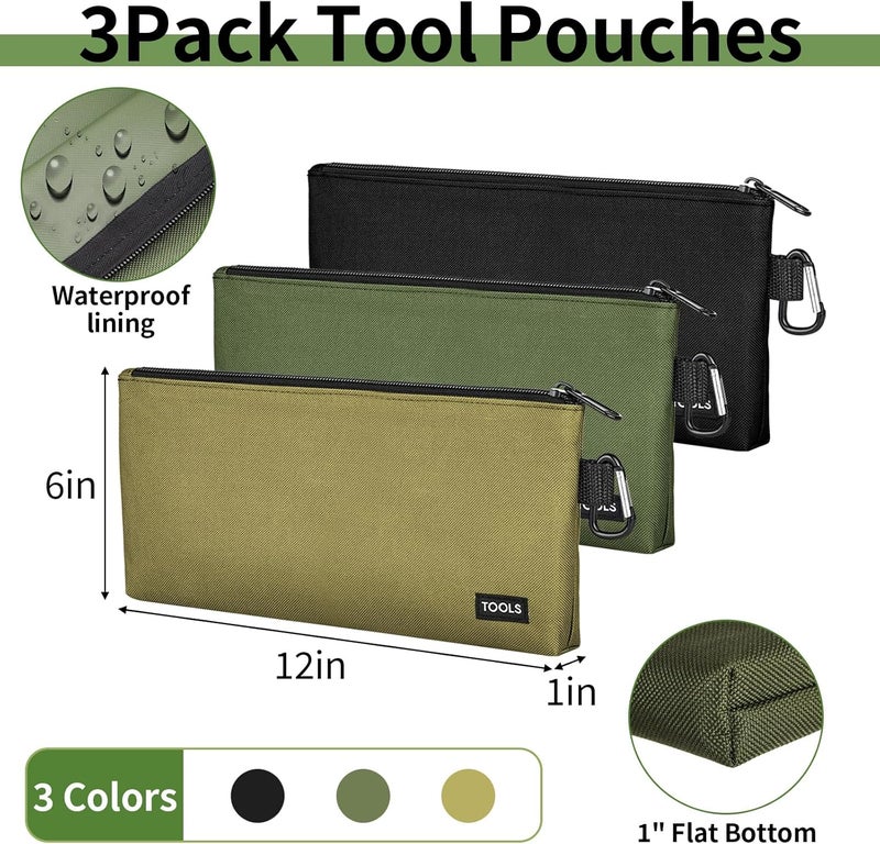 Coidea 3 Pack Premium Tool Pouches Zipper Bag, Small Tools Bags with Carabiner, Heavy Duty Flat Bottom Utility Multipurpose Storage Organizer Bag for Tool, Stationary, Pencil - Image 2